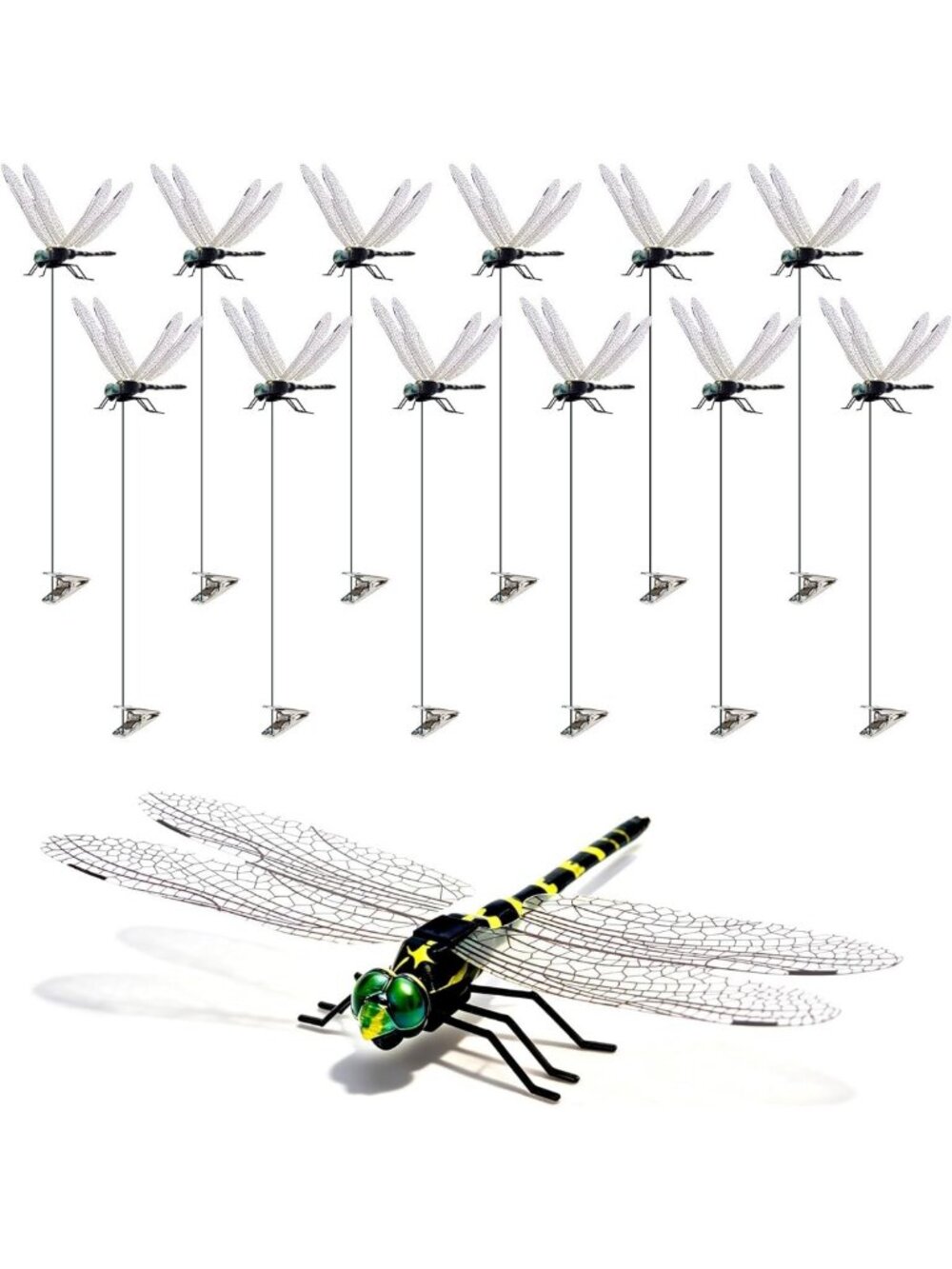 12 Pack Realistic 3D Dragonfly Clips - Garden Decor, Fly Deterrent for Hats